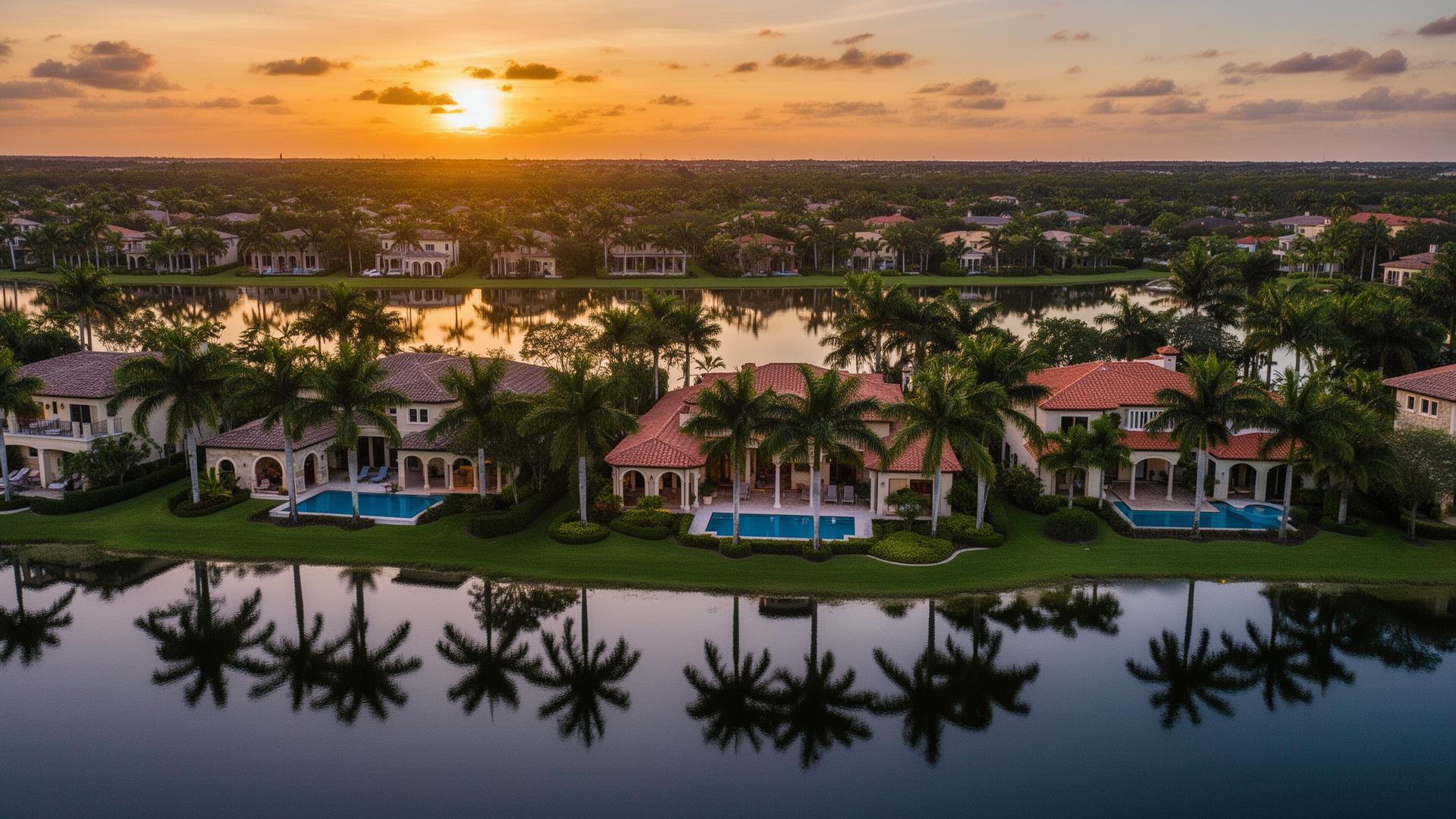 Aerial view of a luxury Parkland Florida waterfront community at sunset